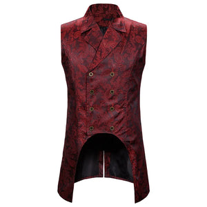 Nukty Wine Red Paisley Jacquard Long Vest Men Double Breasted Lapel Brocade Vest Waistcoat Mens Gothic Steampunk Sleeveless Tailcoat - Nukty shop