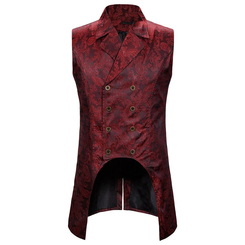 Nukty Wine Red Paisley Jacquard Long Vest Men Double Breasted Lapel Brocade Vest Waistcoat Mens Gothic Steampunk Sleeveless Tailcoat
