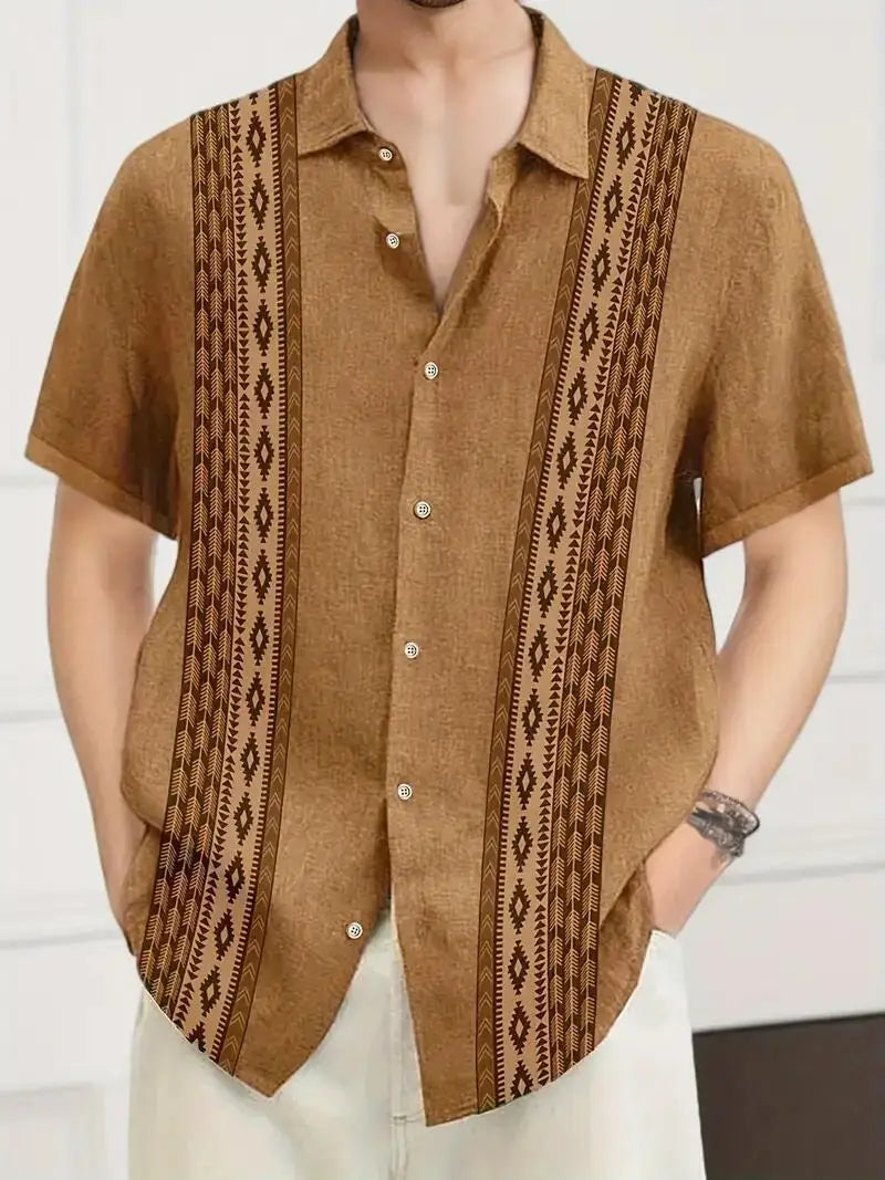 Nukty 2024 Summer New High Quality Hot Selling Men's Stripe Printed Short Sleeved Shirt Summer Retro Style Casual Shirt Top