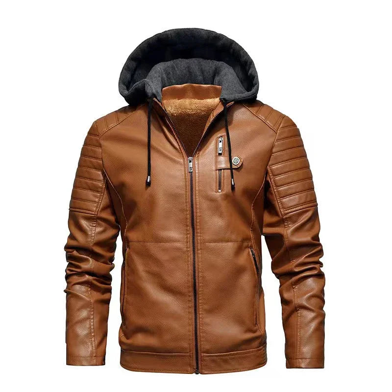 Nukty Fashion Men's Hooded Jacket Autumn Winter Faux Leather Jacket Men Military Style Outwear Motocycle New Brand Zipper Pockets Coat
