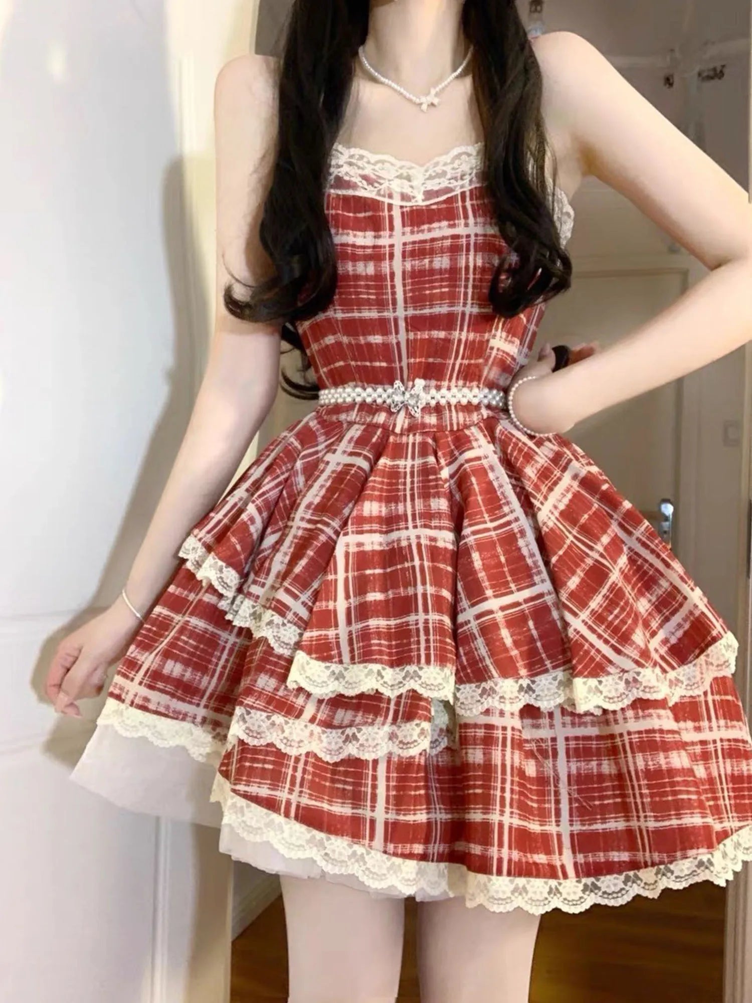 Nukty Kawaii Countryside Style Lace Ruffles Princess Dresses Women Sweet Lolita Plaid Harajuku Fashion Evening Party Mini Dress Summer