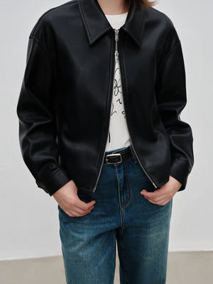 Nukty Lapel Solid Leather Jacket For Women 2024 Autumn New Design Loose Coat Cool Girl Jacket Top Coat For Female - Nukty shop