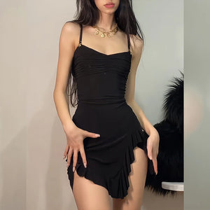 Nukty Summer Sexy Mini Dress Women Sleeveless Streetwear Strap Backless Bodycon Folds Split Dress Party Club Elegant A- LINE Dresses - Nukty shop