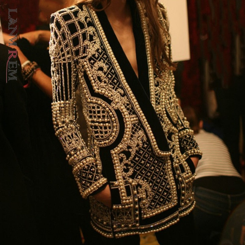 Nukty new Beaded Geometric Autumn Winter Long Sleeves V-Neck Vintage Ladies Outwear vintage fashion Overcoats 2A1679