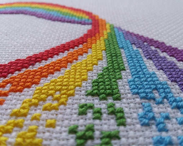 Rainbow cross stitch kit - close up of stitched piece