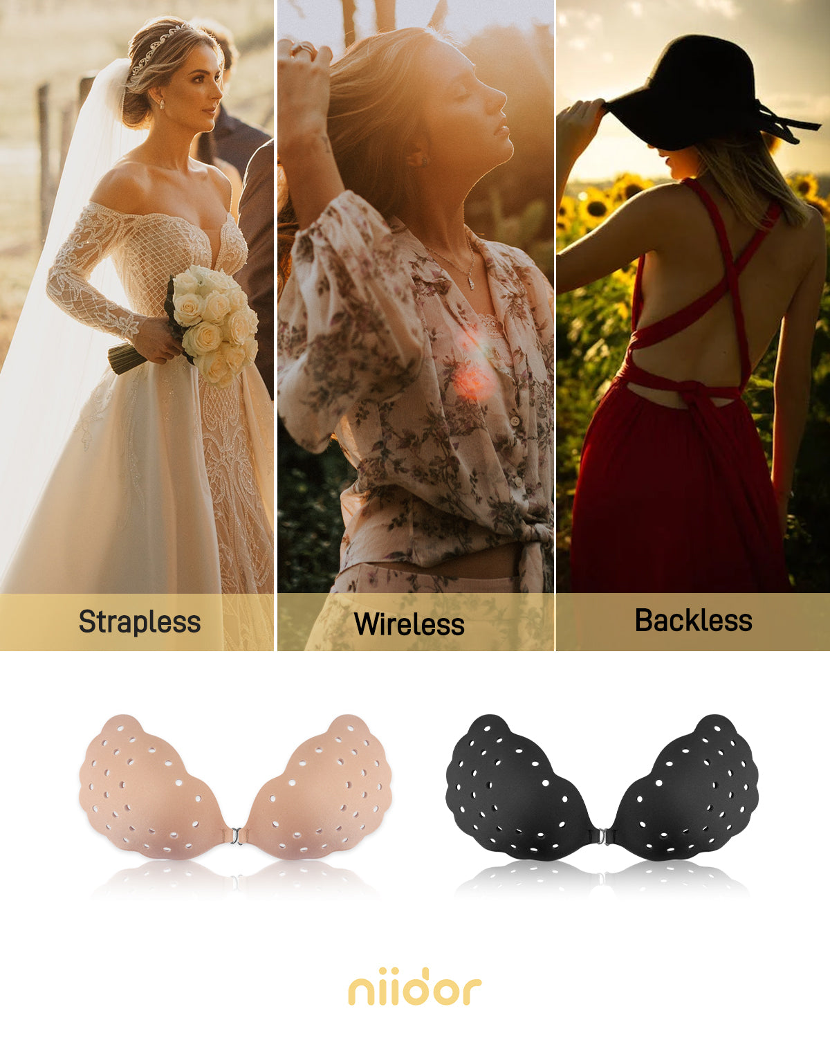 Niidor Adhesive Bra Sticky Bra Push up Bra for Backless Strapless Dress  with Nipple Petals, A Cup