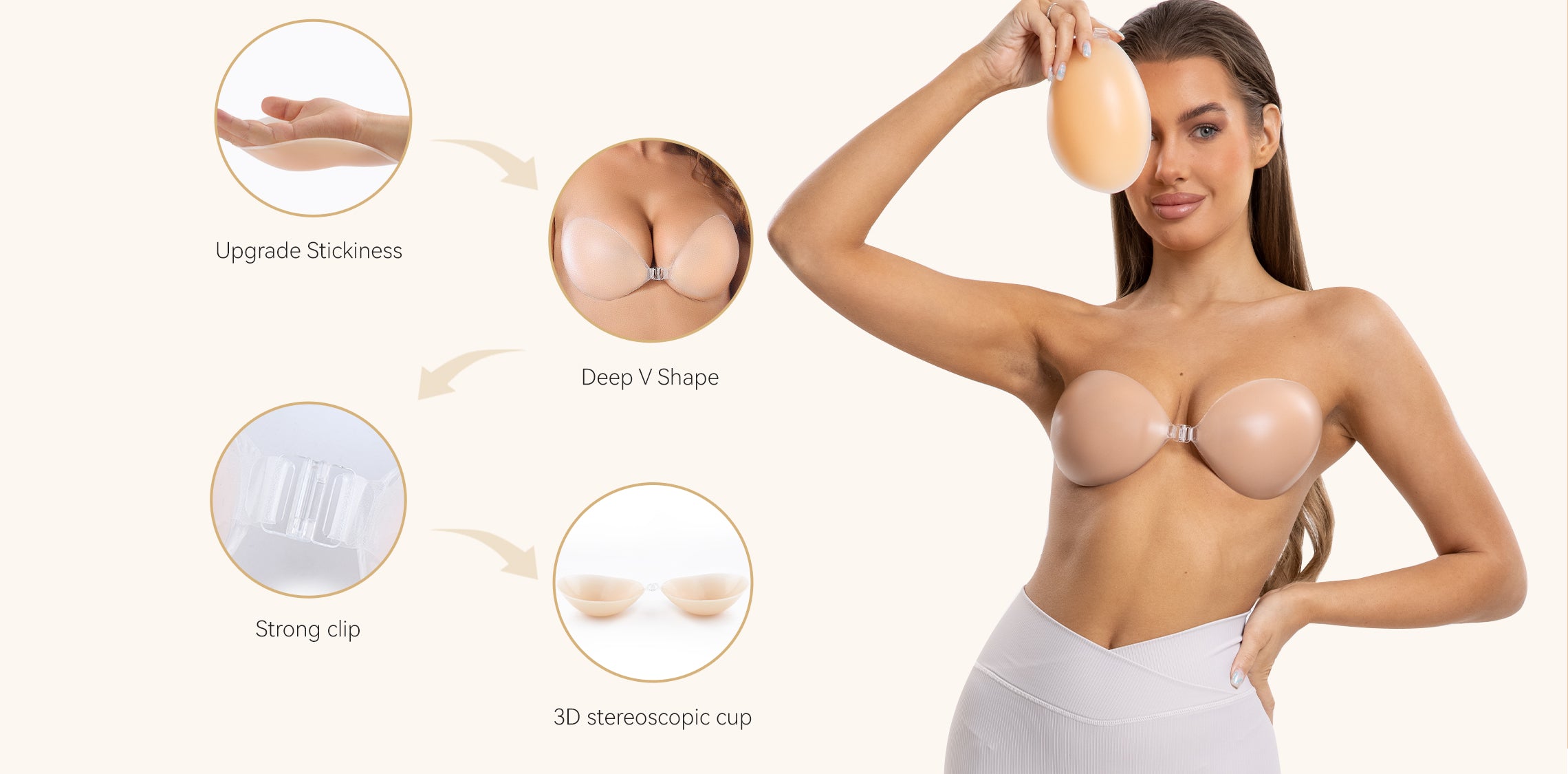 Niidor Adhesive Strapless Bras Backless Silicone Invisible Push Up  Drawstring Reusable Bras Clear Gel Adhesive Side Wings with Nylon Button  for Perfect Cleavage…