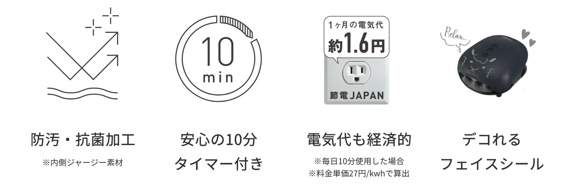 防汚・抗菌加工/安心の10分タイマー付き/電気代も経済的/デコれるフェイスシール