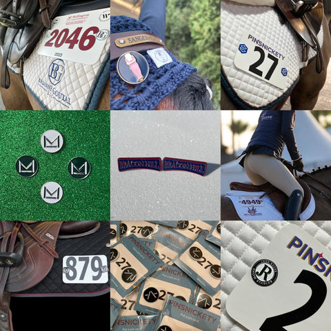 a collage of pinsnickety custom horse show number pin designs on saddle pads, bonnets, and on various backgrounds