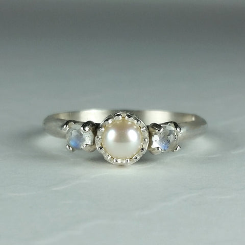 Pearl and Rainbow Moonstone Engagement Ring in Sterling Silver