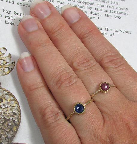 Rustic rose cut sapphire and ruby rings in 14kt gold