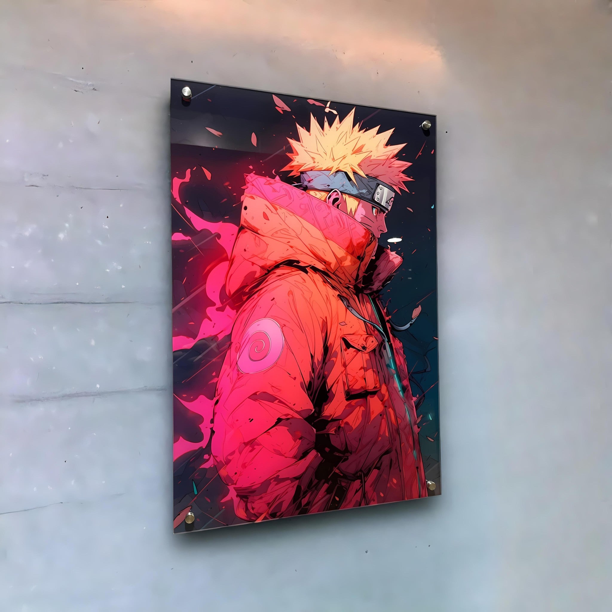 Captivating anime wall art, elegantly mounted on a modern grey wall, as a gift.