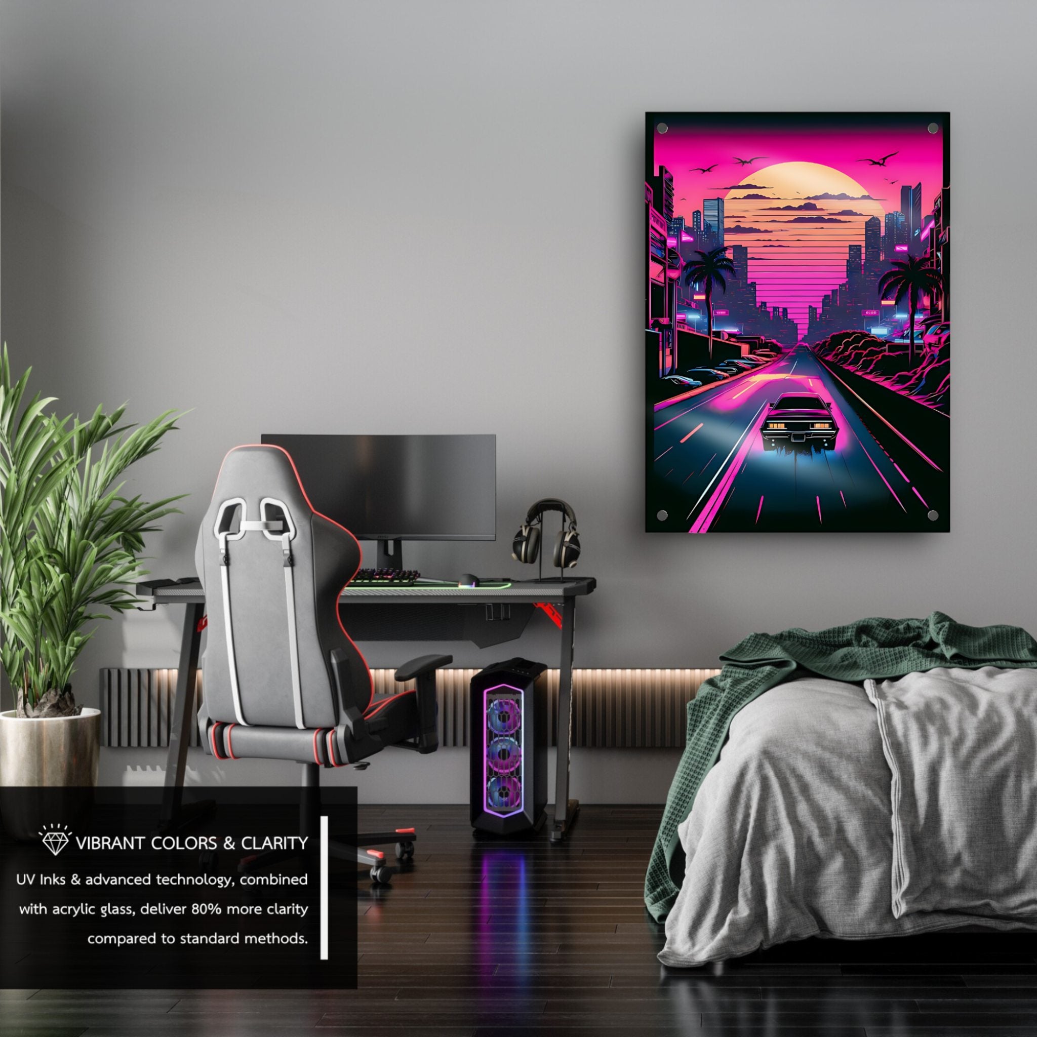 Retro hot pink (vice-city) acrylic wall art hanging in a gaming room as decor.