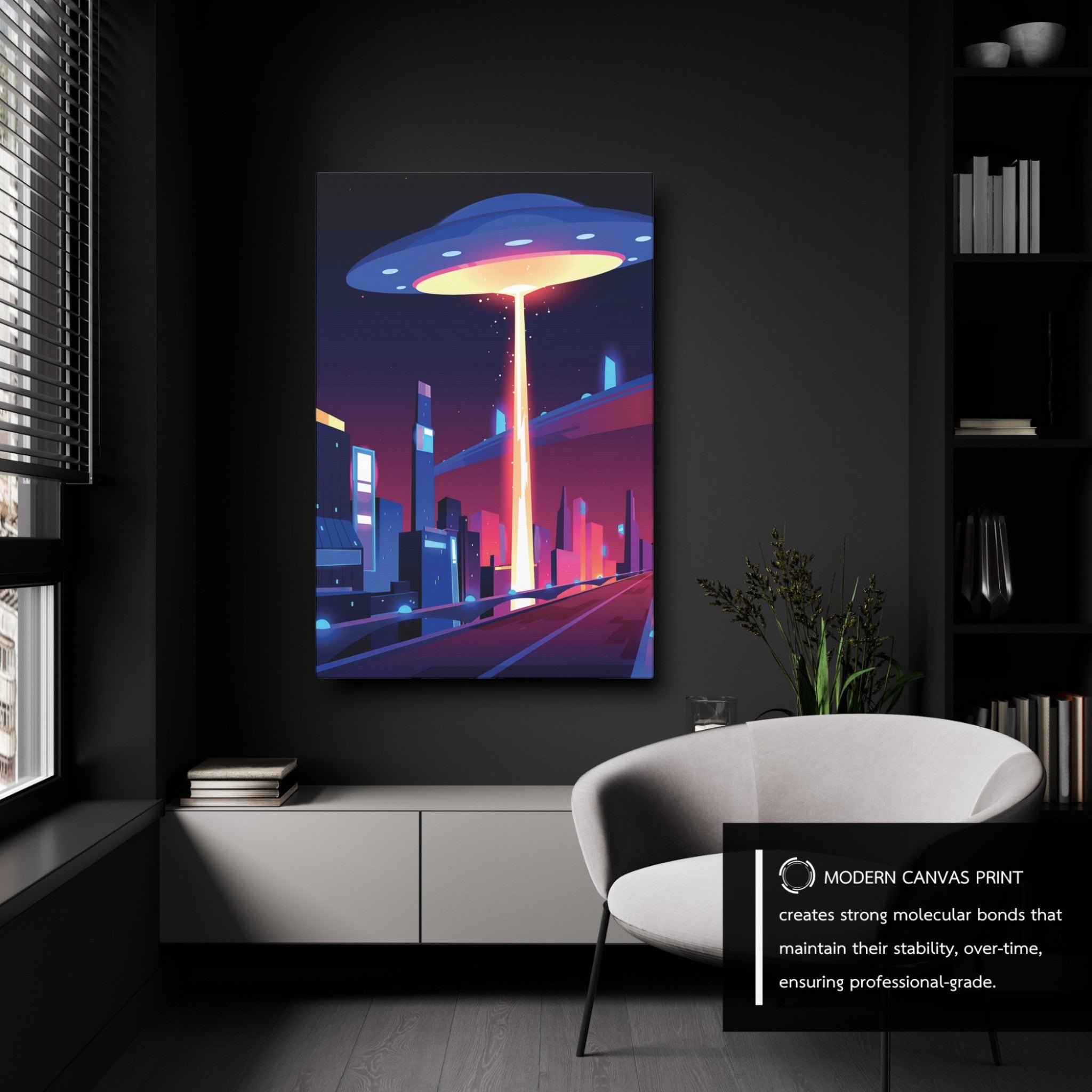 Sci-fi ufo aesthetic canvas wall art mounted on a black wall as modern room decor.