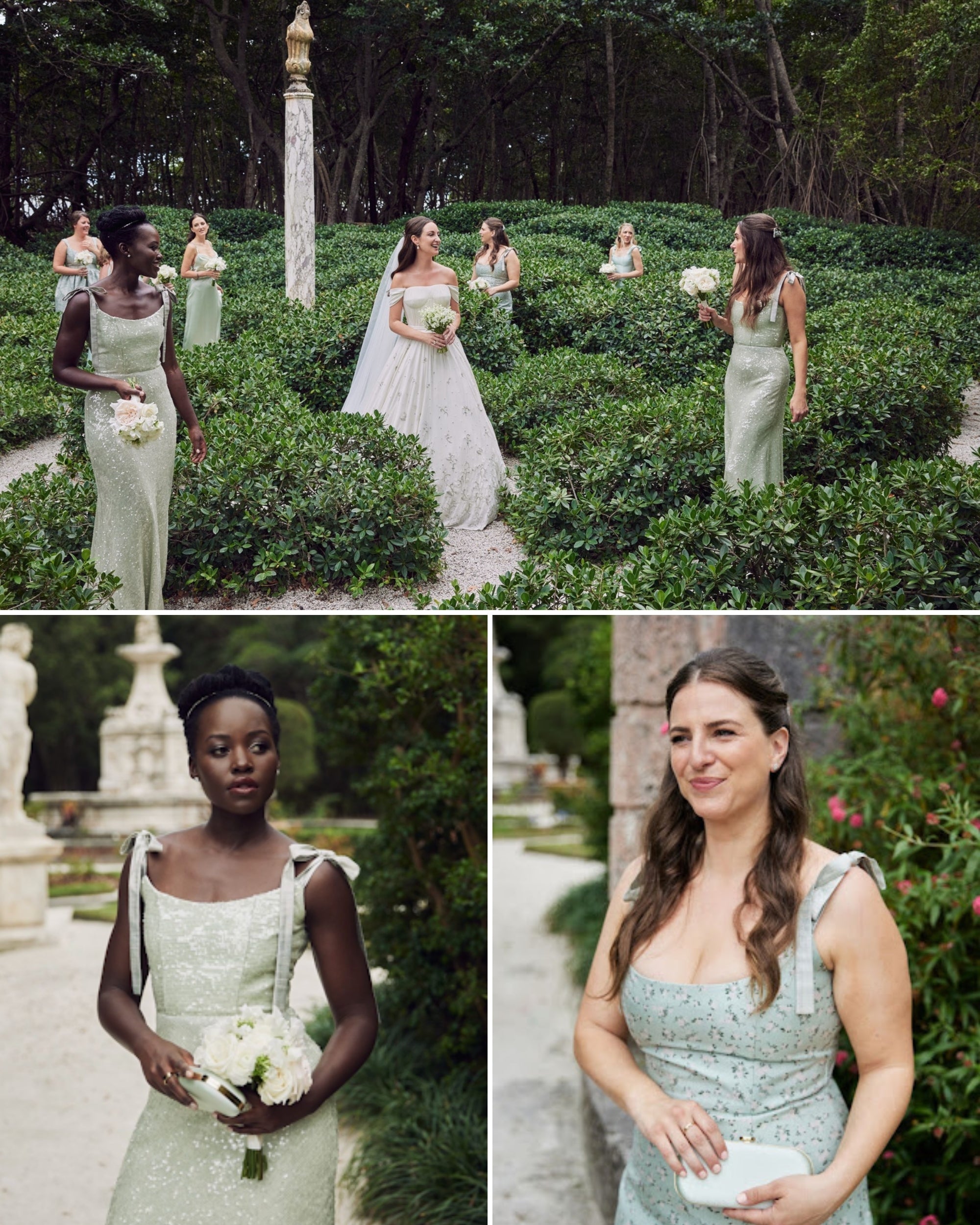 Micaela Erlanger and bridesmaids from wedding holding Italian satin bridal clutches in green and blue