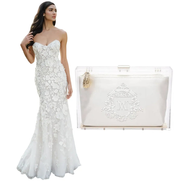 Anne Barge Wedding Dress Habersham with custom embroidery bridal clutch.