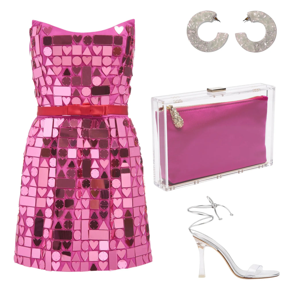 Barbie inspired look with pink mini dress and Mia Hot Pink Clutch