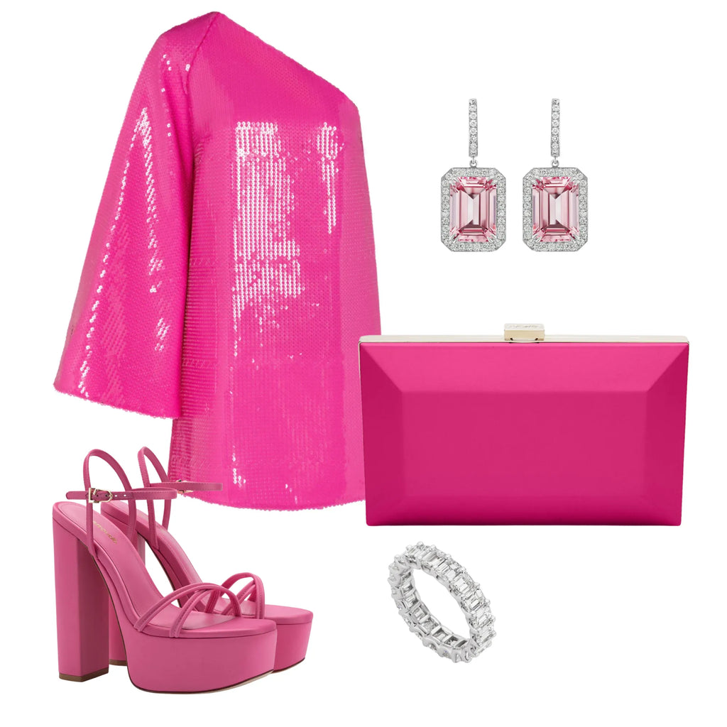 Barbiecore inspired outfit with pink off the shoulder dress and hot pink purse.