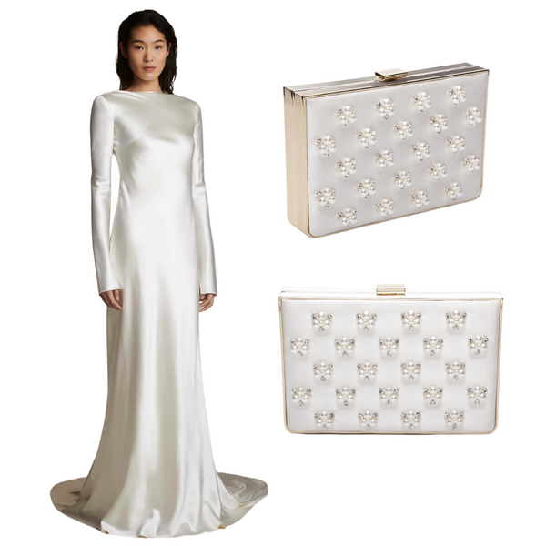 Danielle Frankel Wedding Dress with Venezia White Pearl Clutch