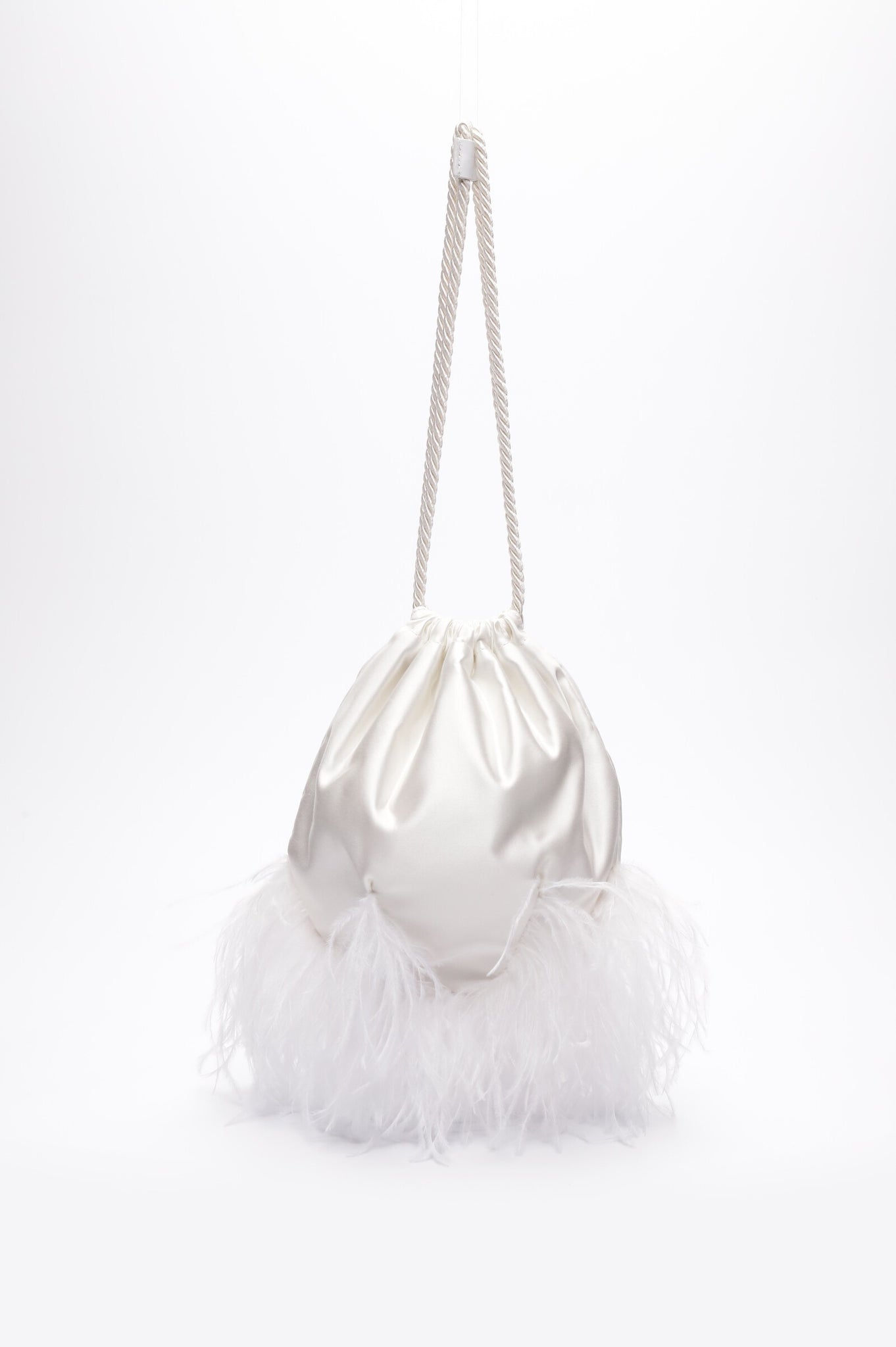 White satin Sarah Drawstring handbag with with feathers.