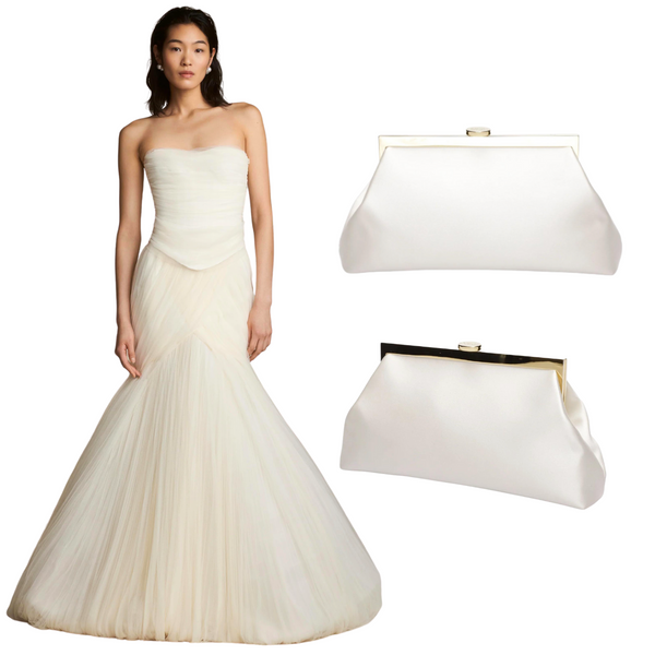 Jacqueline wedding dress from Danielle Frankel with Rosa white bridal clutch from Bella Rosa.