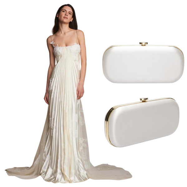 Scarlet Danielle Frankel Wedding Dress with a white Bella Clutch