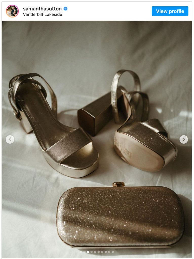 Samantha Sutton wedding day with Shimmer Bella Clutch and gold shoes.