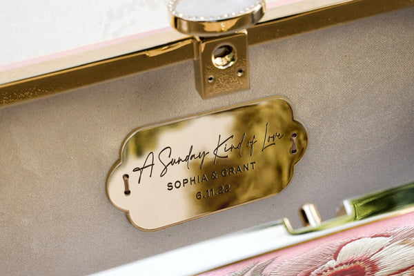 Sophia Bush bridal handbag with custom engraving for wedding day.