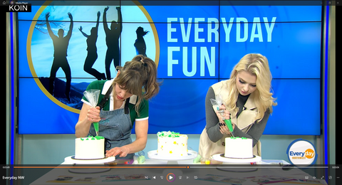 JoJo Keating decorates cakes with Ally Osborne on Everyday Northwest. Green, yellow, gold "To the Moon" cake for St. Patrick's Day and as tribute to the Oregon Ducks.