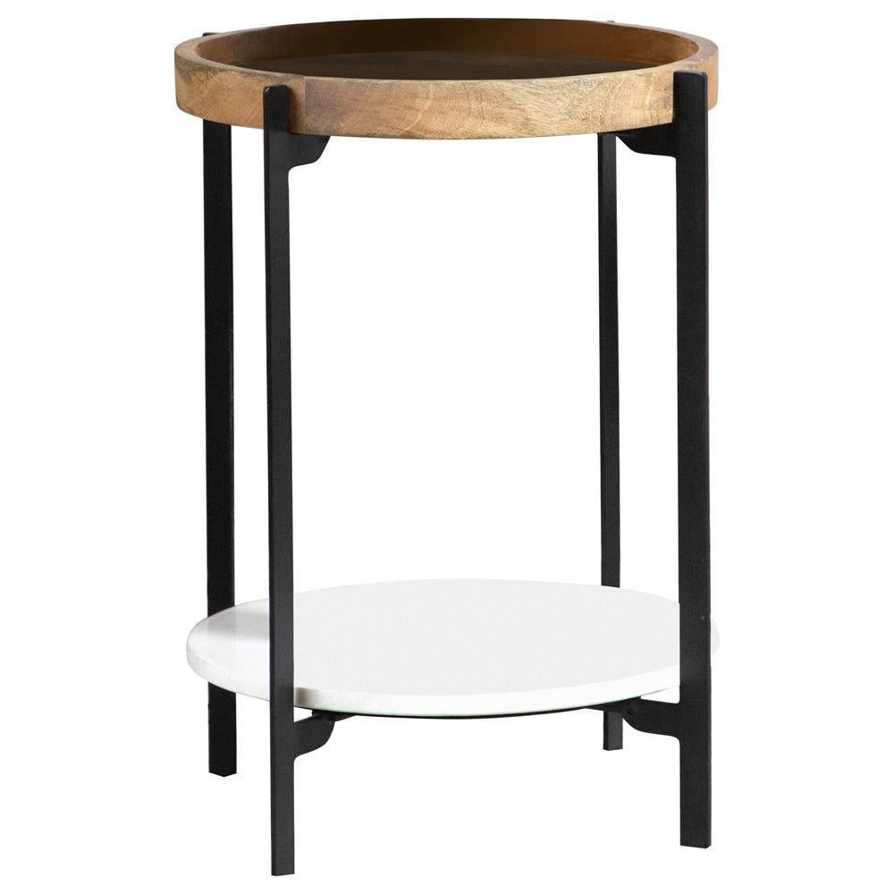 Adhvik Natural and Black Round Accent Table featuring a Marble Shelf