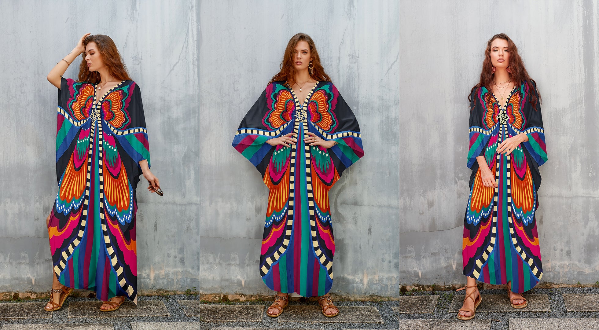 colorful butterfly pattern kaftan dress for women