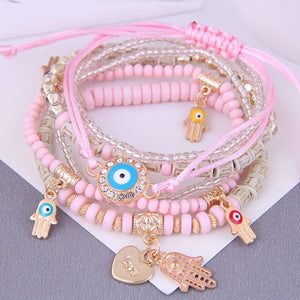 PINK - MULTILAYER EVIL EYE & HAMSA BOHEMIAN STRETCH BEADED BRACELETS - FIMENESS