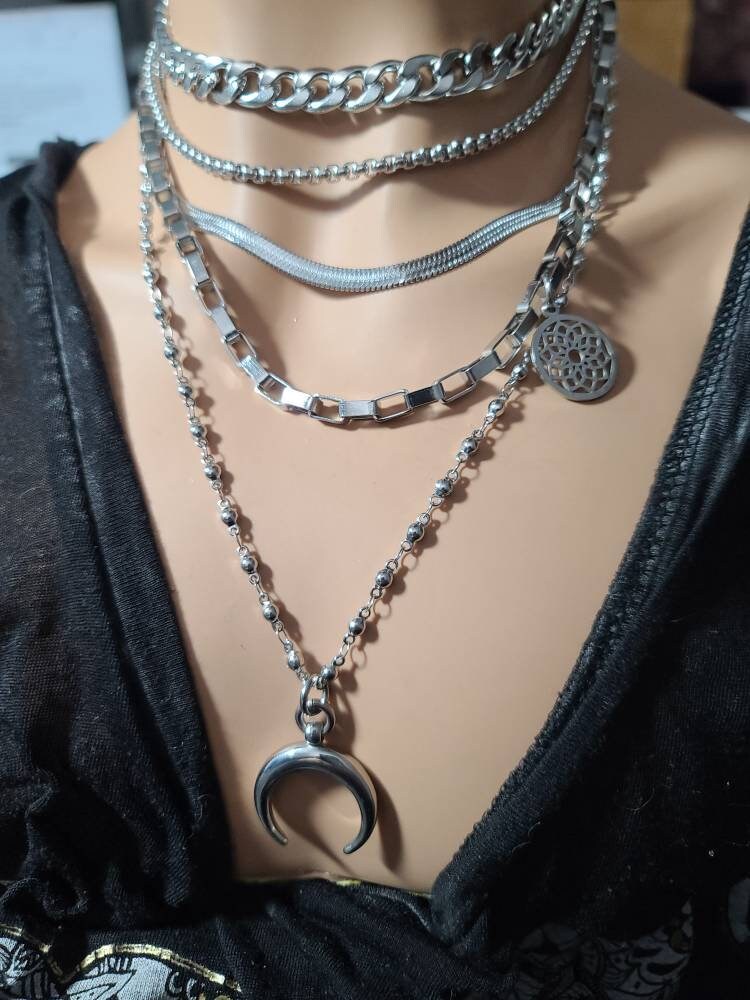 Silver Chunky Steel Multi Strand adjustable necklace, alt jewelry, layered necklace, grunge jewelry, goth jewelry, alt, choker collar