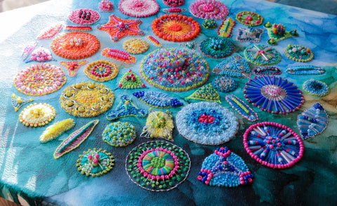 Diatoms, side view of beaded embroidered artwork