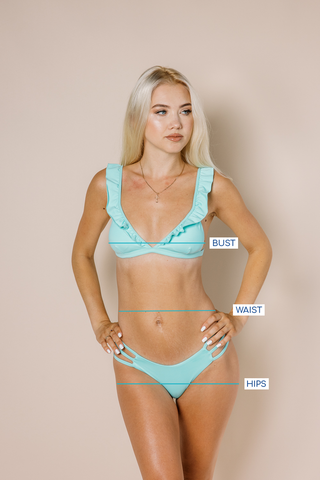 Girl in bikini with lines to show where to measure for bust waist and hips