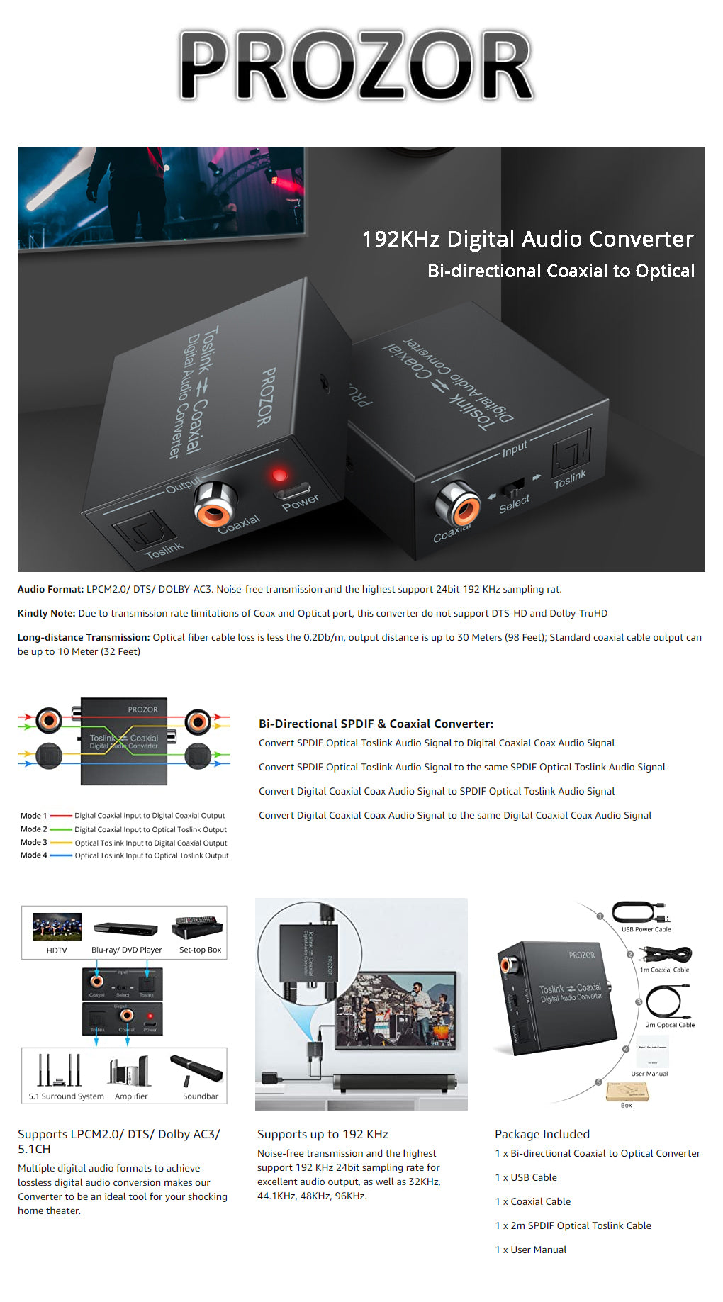 PROZOR Digital Coaxial to Optical SPDIF Toslink Converter