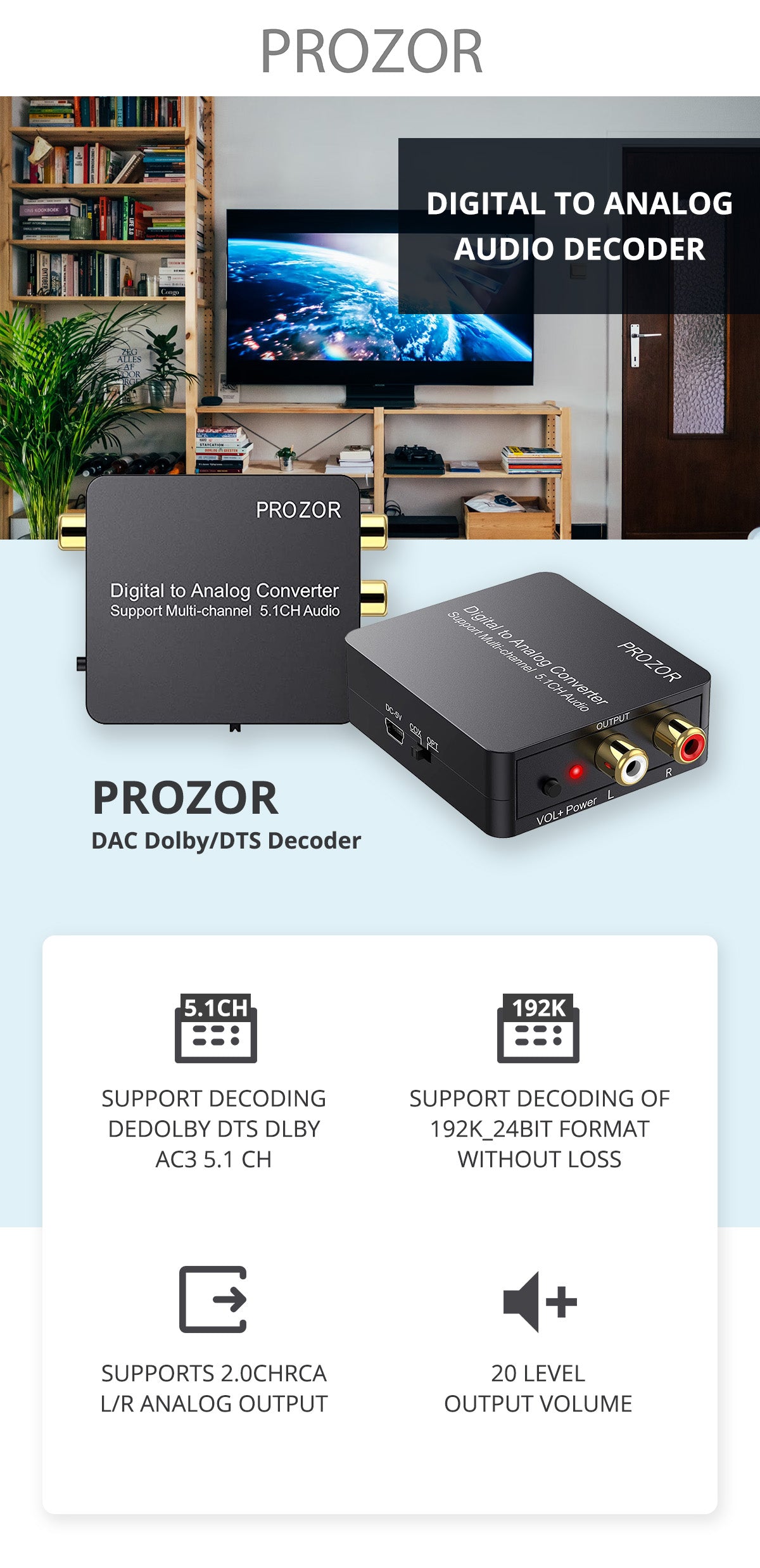 PROZOR Digital to Analog Audio Converter Support Dolby/DTS Decoder