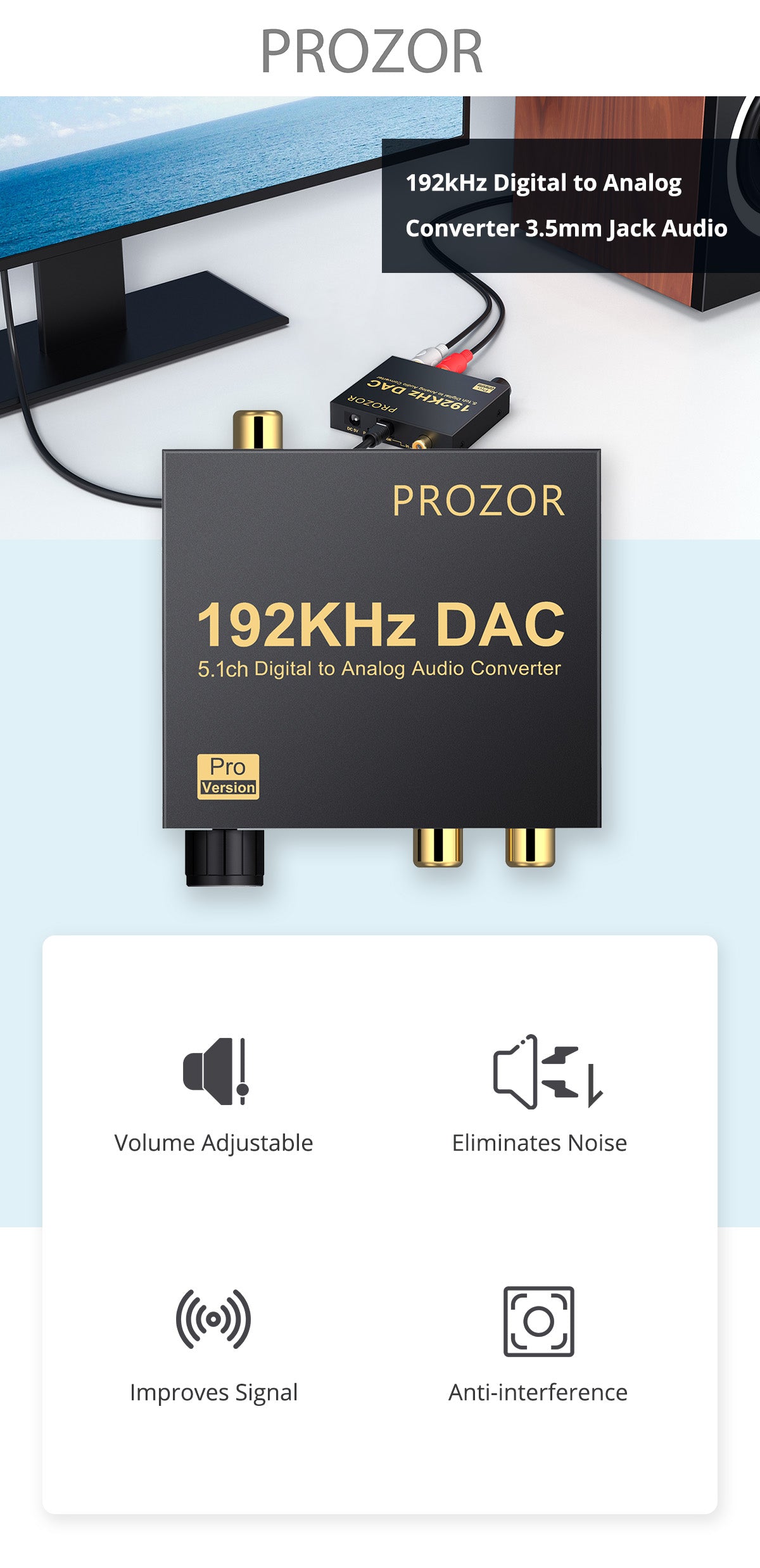 PROZOR 192kHz Digital to Analog Audio Converter Support Dolby AC-3 DTS 5.1CH