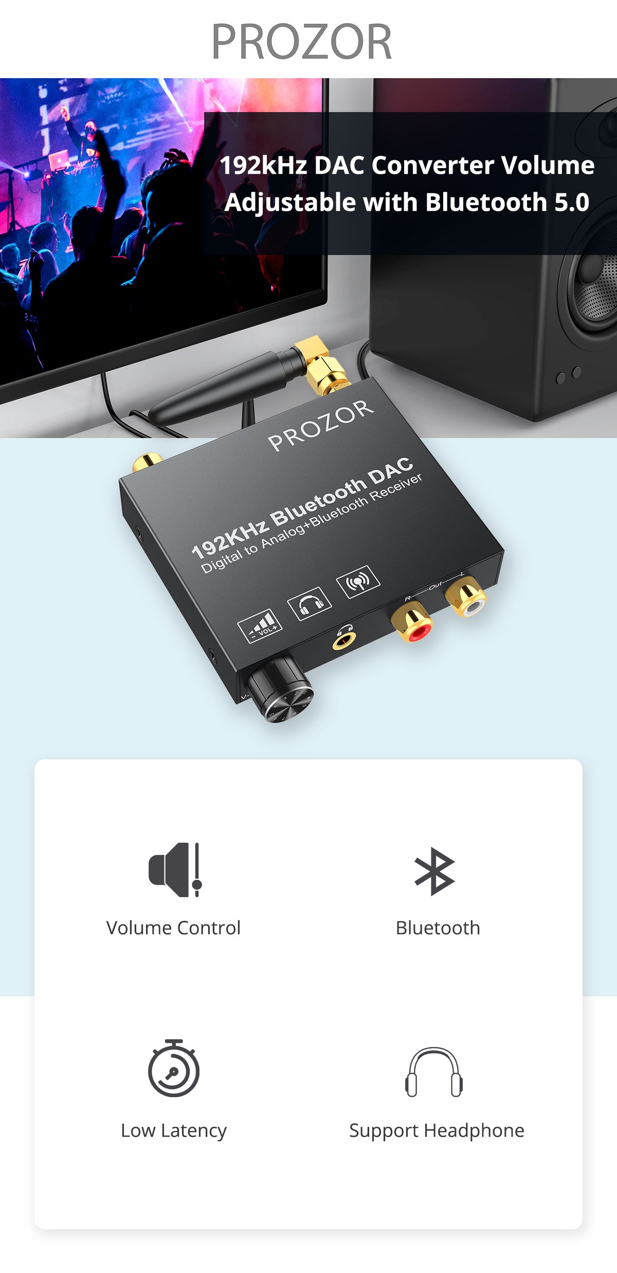 PROZOR 192kHz DAC Converter Volume Adjustable with Bluetooth 5.0 Receiver