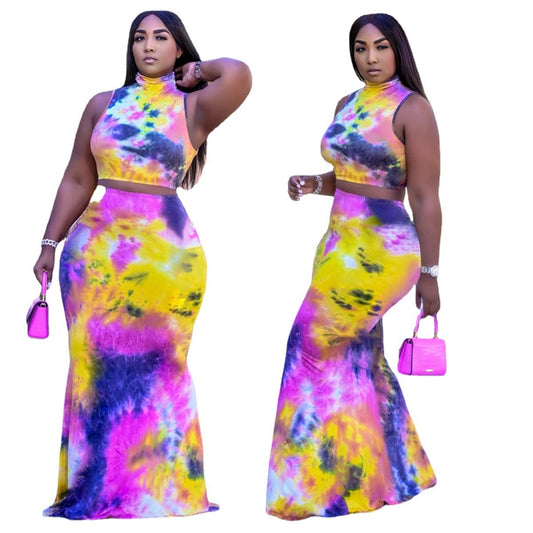Tie Dye Sleeveless Top And Long Skirt - Choclate plus size confident store 