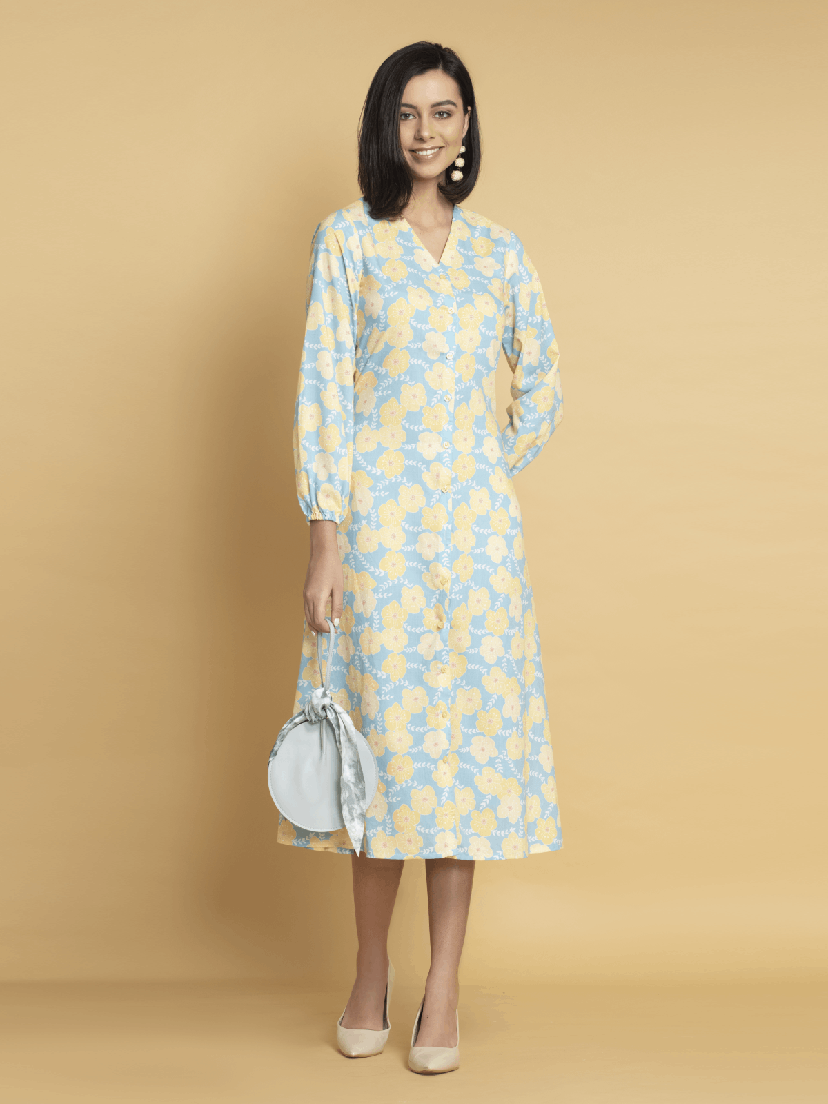Yellow Blue Floral Printed Long Cotton Dress