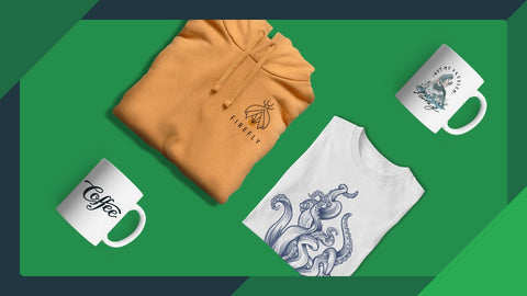 Print On Demand products shirts and mug with green background