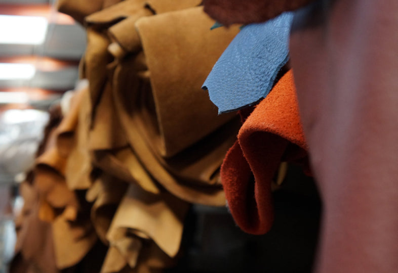 Sheets of multi-coloured nubuck and suede leather