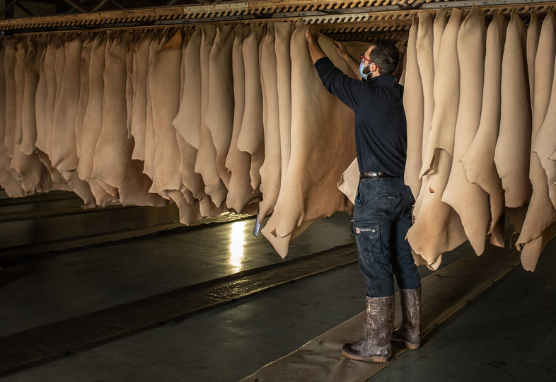 Tanner hanging up sheets of leather