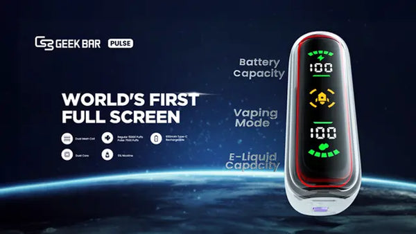 Space image showing a white Geek Bar Pulse vape with its large screen showing vaping mode, battery capacity and eliquid