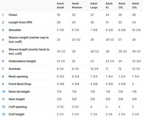 long sleeve tee size chart