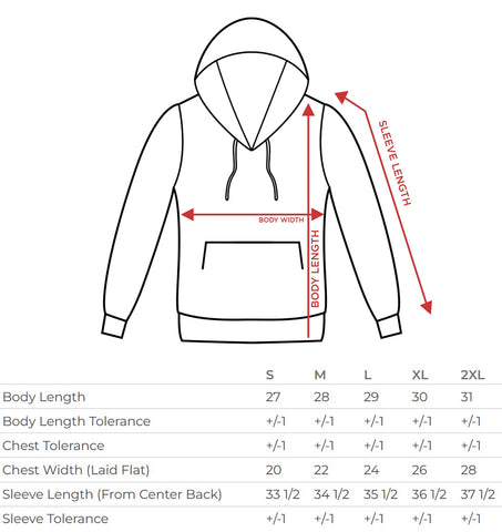 pullover hoodie size chart