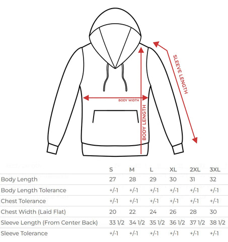 pullover hoodie size chart