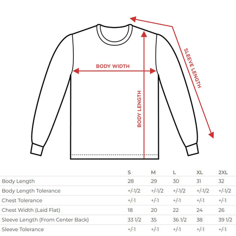 long sleeve tee shirt size chart