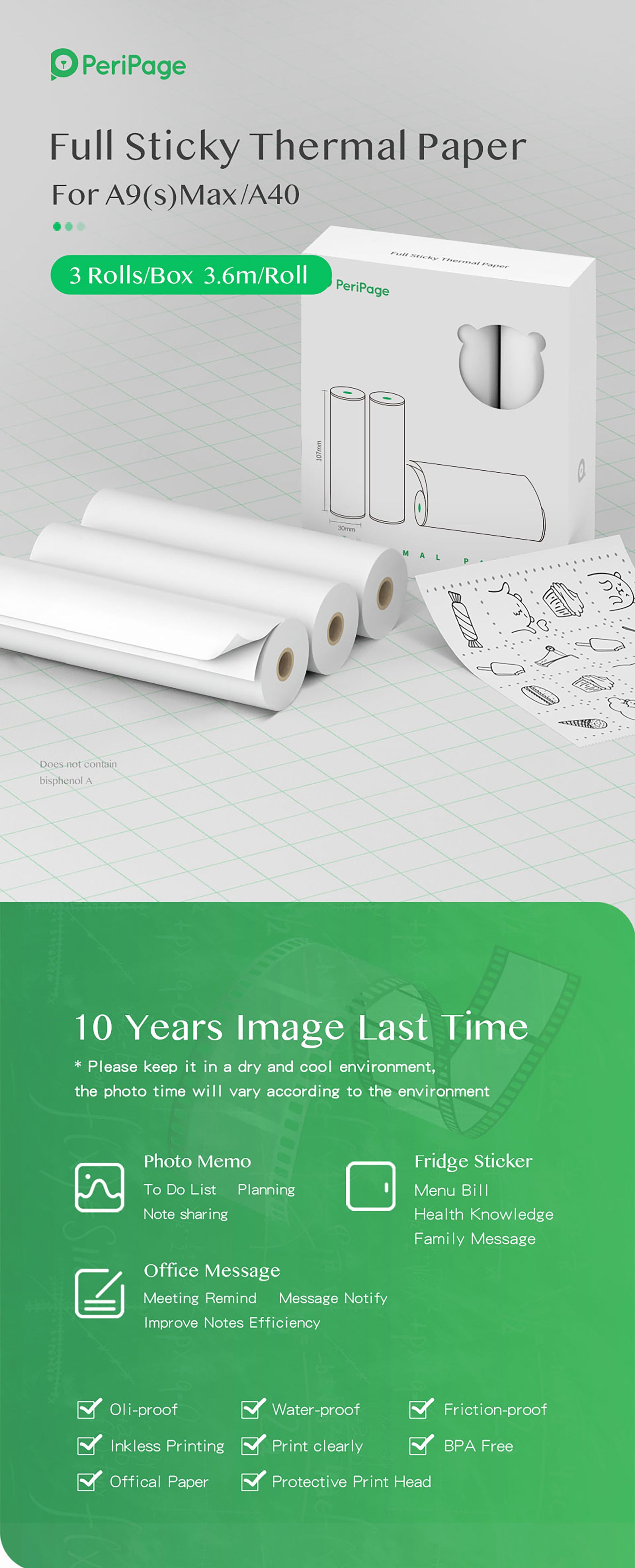 PeriPage 107×30mm White Thermal Paper 3-Rolls/Box